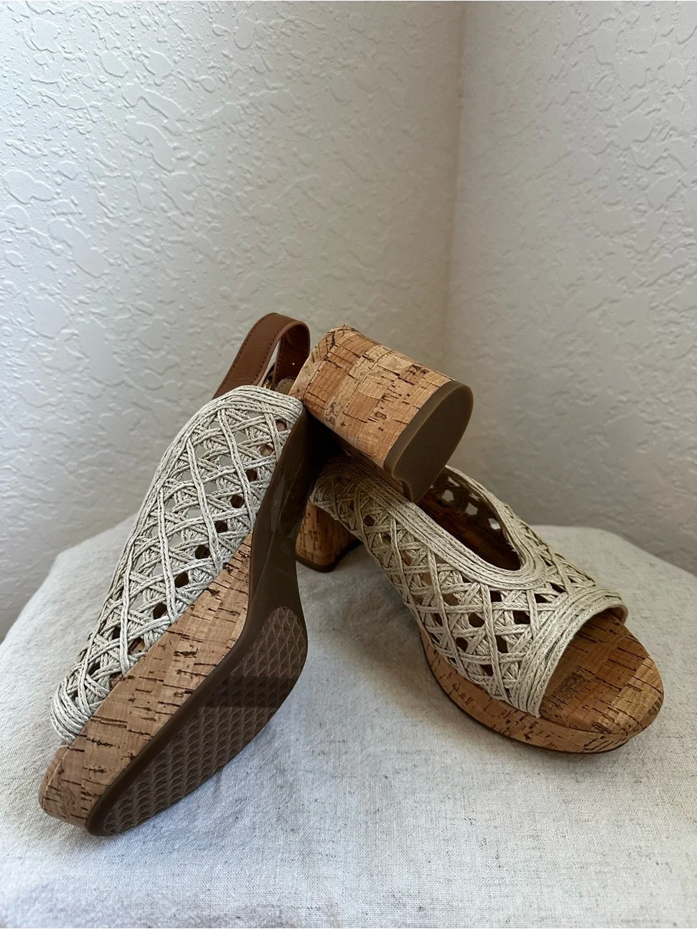AEROSOLES Cream Woven Espadrille Wedges with Brown Ankle Strap